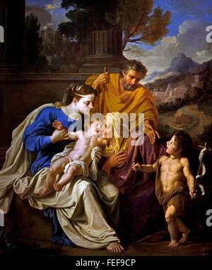 Holy Family with St Elizabeth and John the Baptist.  Noel Coypel 1628 1707  France French (  Jesus bends to kiss Elizabeth; right, Jean brings a goldfinch tightly in his right fist. Joseph dominates the scene ) Stock Photo