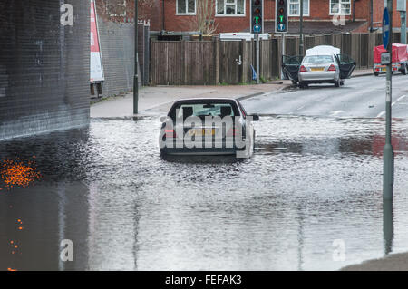 Closed roads due to flooding at Three Bridges, Crawley, West Sussex Stock Photo