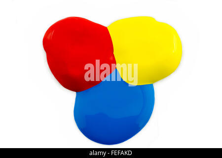 Three colors of poster paint red ,yellow and blue   on a white background Stock Photo