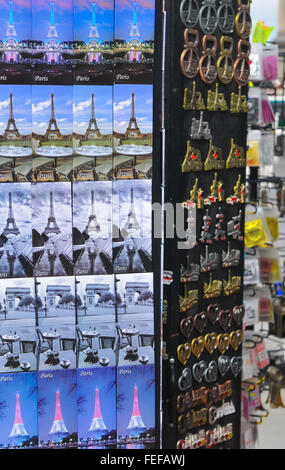 Paris, France - July 8, 2015: Detail of various postcards for sale depicting Parisian landmarks in Place de la Concorde, Paris, Stock Photo