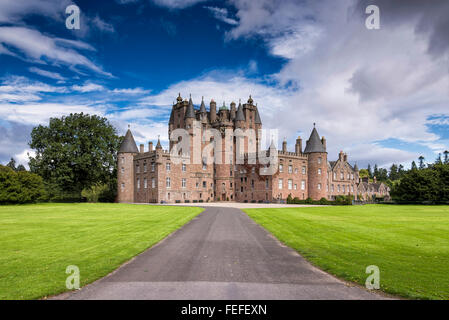 Glamis Castle is situated beside the village of Glamis in Angus, Scotland. It is the home of the Earl and Countess of Strathmore Stock Photo
