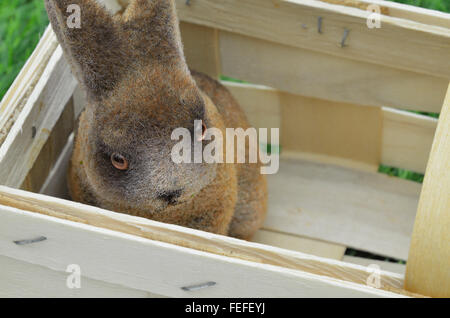 close up of an Easter bunny sitting in a basket, outside on green grass, horizontal, full frame Stock Photo