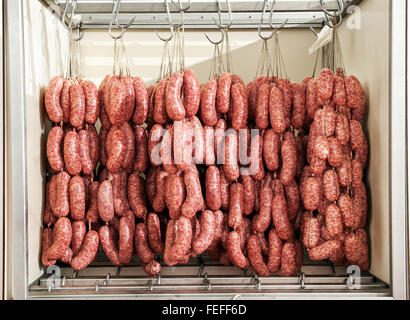 Freshly made sausages maturing in a cool room in a butchery hanging from hooks in a cabinet Stock Photo