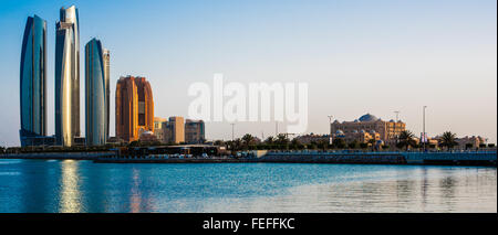 Abu Dhabi skyline at dusk Stock Photo