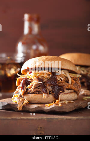 homemade pulled pork burger with coleslaw and bbq sauce Stock Photo