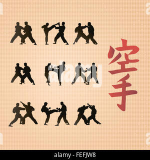 Hieroglyph of karate and men demonstrating karate. Stock Photo