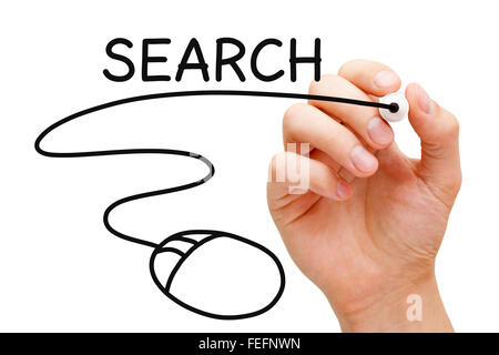 Hand drawing computer mouse under the word search with black marker on transparent wipe board. Search Engine concept. Stock Photo