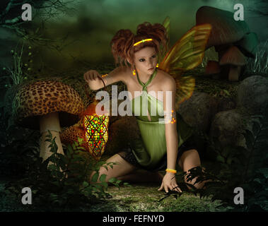 3d computer graphics of a fairy with butterfly wings, glowing jewelry and a lantern in her hand Stock Photo