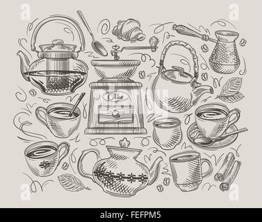coffee and tea. hand-drawn vector elements on the subject of cafe, restaurant Stock Vector