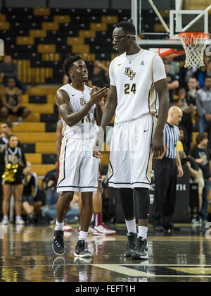 Orlando, FL, USA. 6th Feb, 2016. UCF center Tacko Fall (24) gets some instructions from team mate UCF forward Tanksley Efianayi (13) during 1st half mens NCAA basketball game action between the Temple Owls and the UCF Knights at CFE Arena in Orlando, Fl. Romeo T Guzman/CSM/Alamy Live News Stock Photo