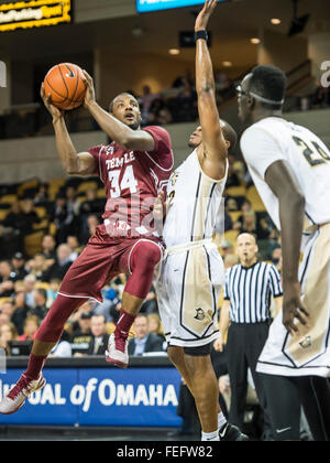 Orlando, FL, USA. 6th Feb, 2016. UCF guard Matt Williams (12) defends a layup by Temple guard Devin Coleman (34) during 1st half mens NCAA basketball game action between the Temple Owls and the UCF Knights at CFE Arena in Orlando, Fl. Romeo T Guzman/CSM/Alamy Live News Stock Photo