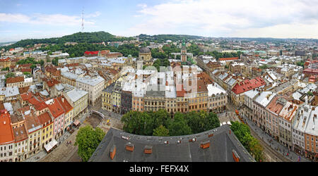 Panoramic view of Market Square and Old town of Lviv city, Ukraine Stock Photo