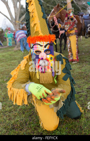 LeJeune Cove, Louisiana, USA. 06th Feb, 2016. Wearing traditional Cajun Mardi Gras costume and mask a reveler begs for coin during the LeJeune Cove Courir de Mardi Gras February 6, 2016 in Iota, Louisiana. Revelers romp through the countryside causing mischief and begging then celebrate by dancing. Credit:  Planetpix/Alamy Live News Stock Photo