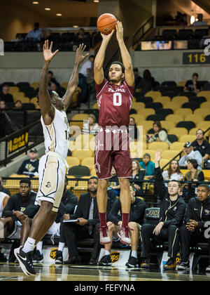 Orlando, FL, USA. 6th Feb, 2016. Temple forward Obi Enechionyia (0) shoots over UCF forward Tanksley Efianayi (13) during 1st half mens NCAA basketball game action between the Temple Owls and the UCF Knights at CFE Arena in Orlando, Fl. Romeo T Guzman/CSM/Alamy Live News Stock Photo