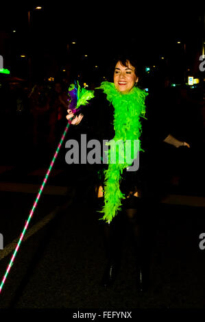 Madrid, Spain 6th February 2016. A female performer from the Asociación Gruñidos Salvajes. The carnival parade in Madrid, Gran Pasacalles del Carnaval (The Grand Carnival Parade), was held in the district of Tetuán Madrid, Spain.  Credit:  Lawrence JC Baron/Alamy Live News. Stock Photo