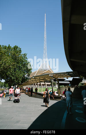 MELBOURNE/AUSTRALIA - FEBRUARY 6: View of the Melbourne Arts Centre Tower taken during the setup for #Dominoesmelb sponsored by Stock Photo