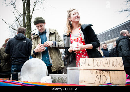 Amsterdam, Netherlands. 6th February, 2016. Refugee welcome, racism not! Demonstration, Amsterdam, The Netherlands. Amsterdam, The Netherlands. 06th Feb. Protesters rallied against Islam and immigration in several European cities Saturday. In Amsterdam, people took the place of Jonas Daniël Meijerplein to raise their voices against the hate and racism which organizations such as Pegida are spreading in The Netherlands. Credit:  Romy Arroyo Fernandez/Alamy Live News. Stock Photo