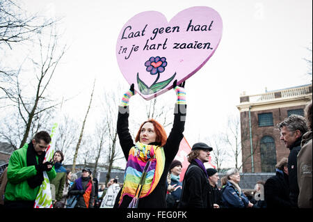 Amsterdam, Netherlands. 6th February, 2016. Refugee welcome, racism not! Demonstration, Amsterdam, The Netherlands. Amsterdam, The Netherlands. 06th Feb. Protesters rallied against Islam and immigration in several European cities Saturday. In Amsterdam, people took the place of Jonas Daniël Meijerplein to raise their voices against the hate and racism which organizations such as Pegida are spreading in The Netherlands. Credit:  Romy Arroyo Fernandez/Alamy Live News. Stock Photo