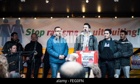 Amsterdam, Netherlands. 6th February, 2016. Refugee welcome, racism not! Demonstration, Amsterdam, The Netherlands. Amsterdam, The Netherlands. 06th Feb. Protesters rallied against Islam and immigration in several European cities Saturday. In Amsterdam, people took the place of Jonas Daniël Meijerplein to raise their voices against the hate and racism which organizations such as Pegida are spreading in The Netherlands. Credit:  Romy Arroyo Fernandez/Alamy Live News. Stock Photo