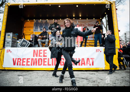 Amsterdam, Netherlands. 6th February, 2016. Refugee welcome, racism not! Demonstration, Amsterdam, The Netherlands. Amsterdam, The Netherlands. 06th Feb. Protesters rallied against Islam and immigration in several European cities Saturday. In Amsterdam, people took the place of Jonas Daniël Meijerplein to raise their voices against the hate and racism which organizations such as Pegida are spreading in The Netherlands. Credit:  Romy Arroyo Fernandez/Alamy Live News. Stock Photo