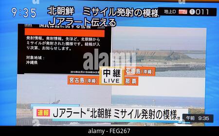 Tokyo. 7th Feb, 2016. A video grab taken on Feb. 7, 2016 from Japan's NHK TV shows the news report on the launch of a long-range rocket by the Democratic People's Republic of Korea (DPRK), in Tokyo, Japan. Japanese Prime Minister Shinzo Abe on Sunday rapped a long-range rocket launch by the Democratic People's Republic of Korea (DPRK), saying the launch is 'unacceptable' and violated relevant UN resolution. © Ma Ping/Xinhua/Alamy Live News Stock Photo