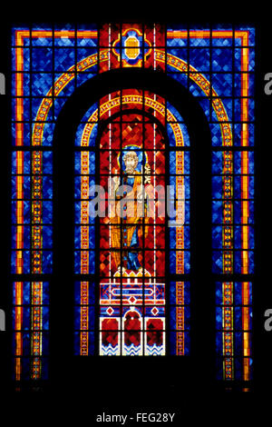 Yamoussoukro, Cote d'Ivoire, Ivory Coast.  Stained Glass Window in the Basilica of Our Lady of Peace, Showing Saint Peter. Stock Photo