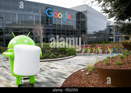 A logo sign outside of the headquarters of Google, also known as the "Googleplex" in Mountain View, California on January 24, 20 Stock Photo
