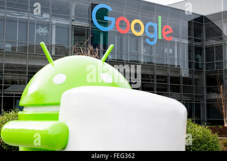A logo sign outside of the headquarters of Google, also known as the "Googleplex" in Mountain View, California on January 24, 20 Stock Photo