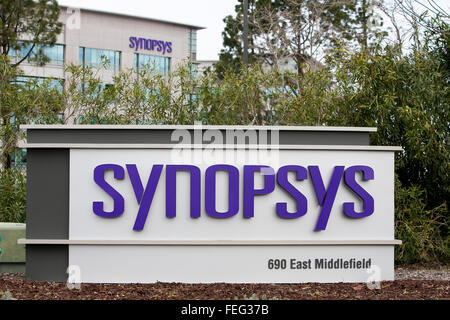 A logo sign outside of the headquarters of Synopsys, Inc., in Mountain View, California on January 24, 2016. Stock Photo