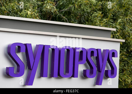 A logo sign outside of the headquarters of Synopsys, Inc., in Mountain View, California on January 24, 2016. Stock Photo