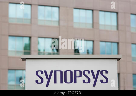 A logo sign outside of the headquarters of Synopsys, Inc., in Mountain View, California on January 24, 2016. Stock Photo