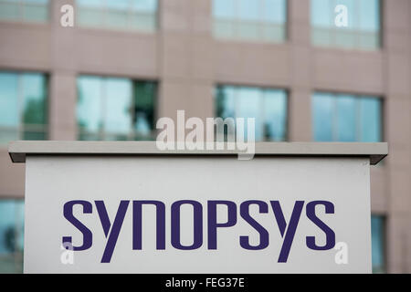 A logo sign outside of the headquarters of Synopsys, Inc., in Mountain View, California on January 24, 2016. Stock Photo