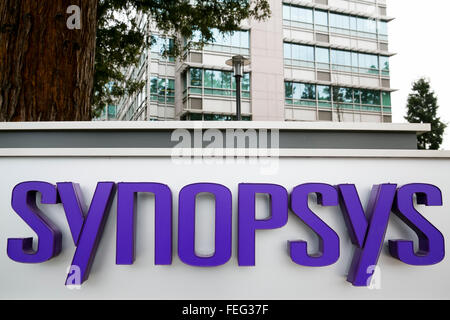 A logo sign outside of the headquarters of Synopsys, Inc., in Mountain View, California on January 24, 2016. Stock Photo