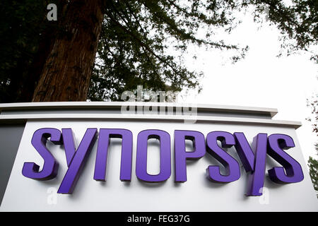 A logo sign outside of the headquarters of Synopsys, Inc., in Mountain View, California on January 24, 2016. Stock Photo