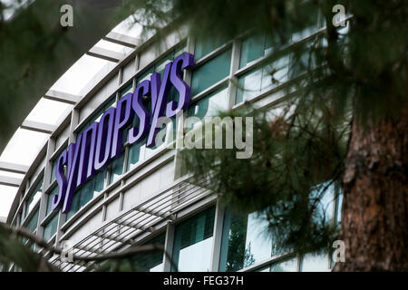 A logo sign outside of the headquarters of Synopsys, Inc., in Mountain View, California on January 24, 2016. Stock Photo