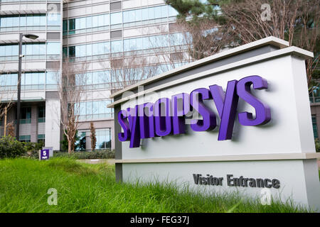 A logo sign outside of the headquarters of Synopsys, Inc., in Mountain View, California on January 24, 2016. Stock Photo