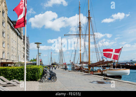 Historic schooner ships on quayside, Admiralkaj, Toldbodgade, Copenhagen (Kobenhavn), Kingdom of Denmark