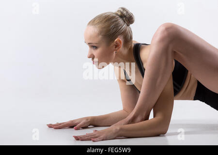 Portrait of sporty beautiful young woman practicing yoga, doing low lunge exercise, Hip opener Utthan Pristhasana, Lizard Pose Stock Photo
