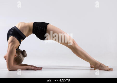 Sporty beautiful young woman practicing yoga, doing variation of Bridge Pose on elbows, Two-Legged Inverted Staff yoga Pose Stock Photo