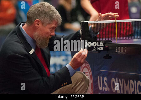 Greensboro, North Carolina, US. 5th Feb, 2016. Feb. 5, 2016 - Greensboro, N.C., USA - Umpire JAMEY HALL inspects the next before the start of the men's final on day two of the 2016 U.S. Olympic Table Tennis Trials. The top three men and women from the trials move on to compete in April at the 2016 North America Olympic Qualification tournament in Ontario, Canada. The 2016 Summer Olympics will be held in Rio De Janeiro, Brazil, Aug. 5-21. © Timothy L. Hale/ZUMA Wire/Alamy Live News Stock Photo