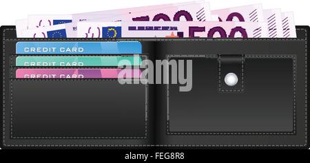 Open wallet with euro banknotes and credit cards. Vector illustration. Stock Vector