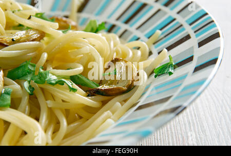 Spaghetti aglio e olio -  spaghetti with garlic and oil.traditional Italian pasta dish, coming from Napoli Stock Photo