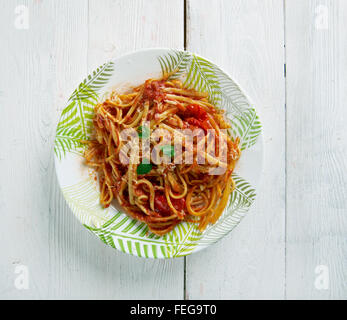 Spaghetti allamatriciana.traditional Italian pasta sauce .Originating from the town of Amatrice. Stock Photo