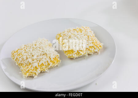 Bread on white dish. Stock Photo