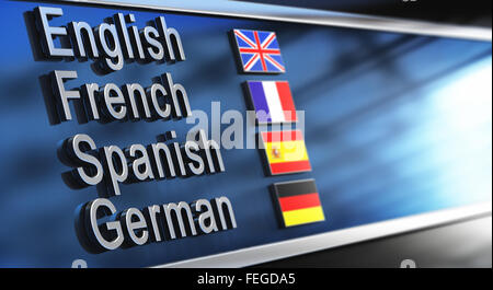 English, French, Spanish and German written on a building facade. Image for illustation of language school Stock Photo