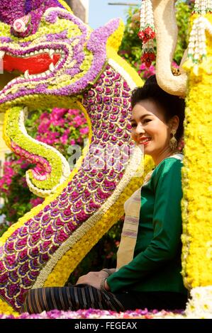 Beauty queen contestant on float in the annual Chiang Mai Flower Festival, 2016. Stock Photo