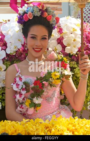 Beauty queen contestant on float in 40th Chiang Mai Flower Festival parade ((2016) Stock Photo