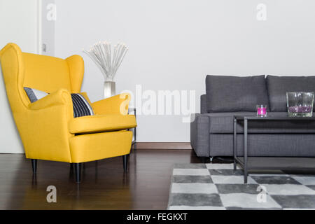 Classical Style Yellow Armchair and Graceful Modern Gray Sofa Couch in Vintage Room with Fashion Lamp and Carpet in the Form of  Stock Photo