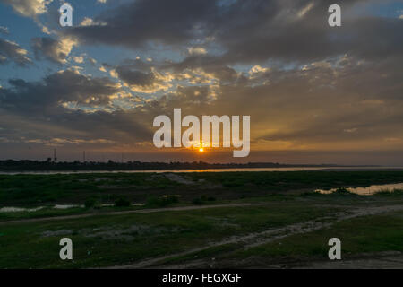 Sunset at the Mekong river look from Laos to Thailand. Stock Photo