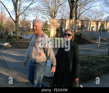 March 5, 2008 - Washington, District of Columbia, United States of America - United States Senator Hillary Rodham Clinton (Democrat of New York), right,  is smiling after her primary victories in Ohio, Rhode Island, and Texas last evening after she and her husband, former United States President Bill Clinton, left, return from a late afternoon walk near their home in Washington, D.C. on Wednesday, March 5, 2008.  .Credit: Ron Sachs / CNP. (Credit Image: © Ron Sachs/CNP via ZUMA Wire) Stock Photo